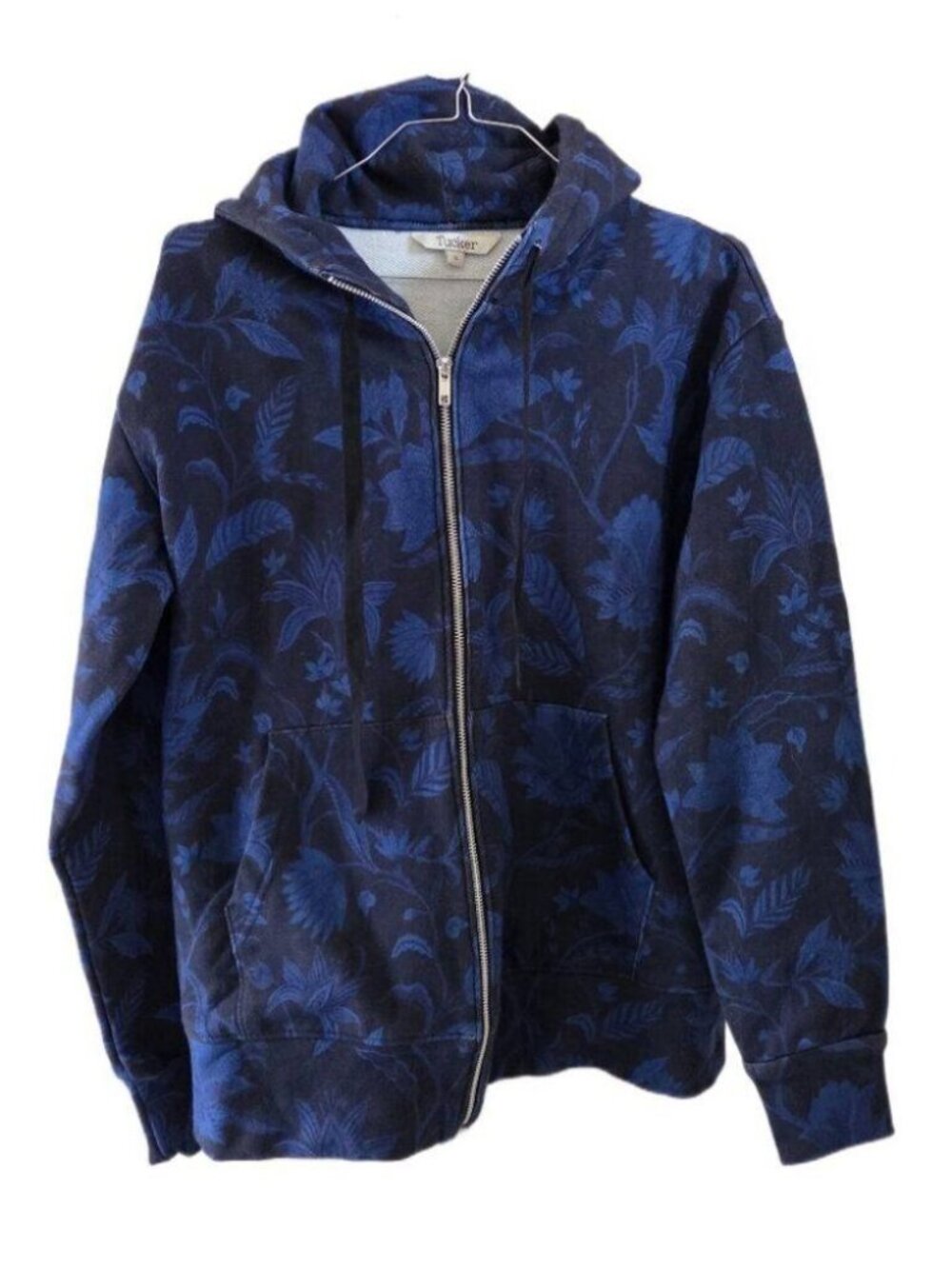 Tucker Men's Retro Blue Black Tropical Pocketed Zip Up Hooded Heavyweight Jacket